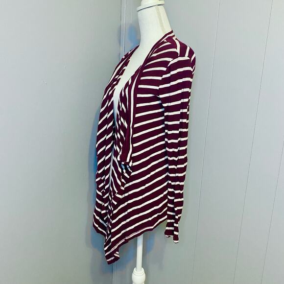 Juniors So Waterfall Open Front Cardigan Burgundy Red & White Stripes - Picture 6 of 9